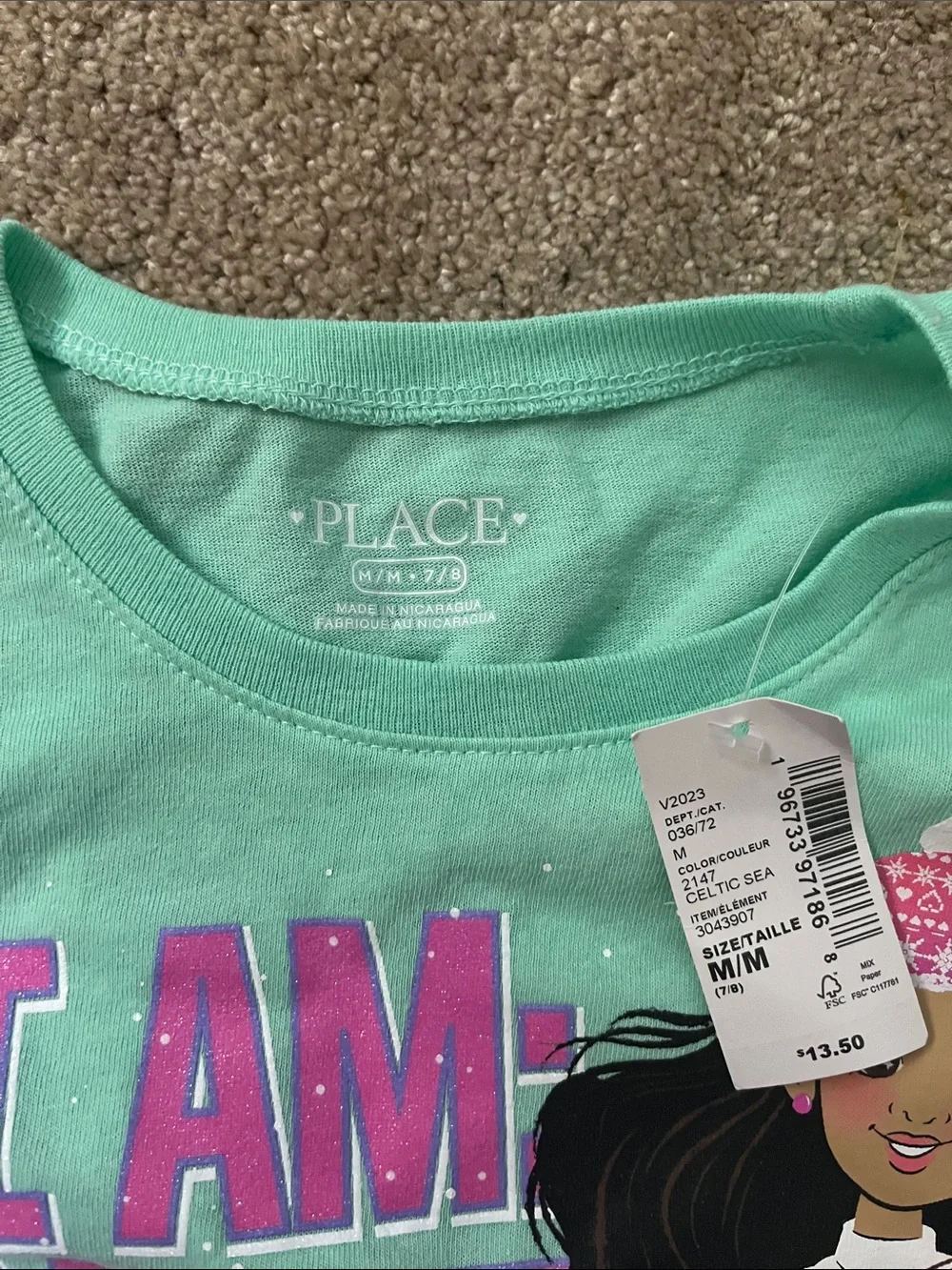 The Children's Place Mint Green Long Sleeve Tee with Pink & Purple Graphic Girl